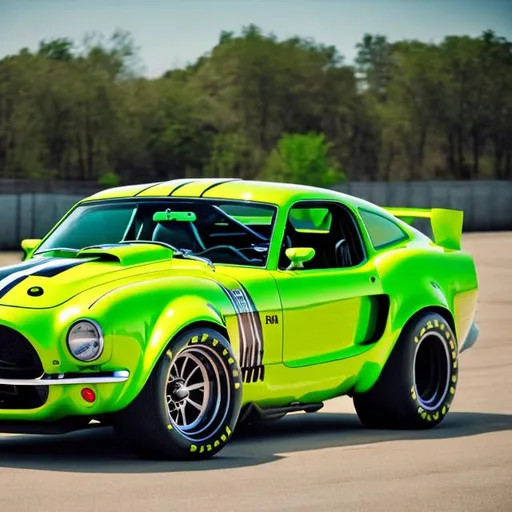 Prompt: 2045 ford cobra jet race car, sport utility, station wagon, 4x4, bright green with candy color and pearl paint job, sport stripes, whole side view, mix with a 2010 Subaru forester, see whole car, drag racer, drag race track