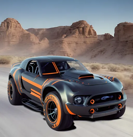 Prompt: futuristic ford cobra jet race car, sport utility, mix with ford bronco, 4x4, black paint job, orange sport stripes, whole front view, see whole car, drag racer, drag race track, crazy futuristic, wide view, front windshield visor, huge hood scoop, pickup truck, trees in background, rocky ground, large off road tires
