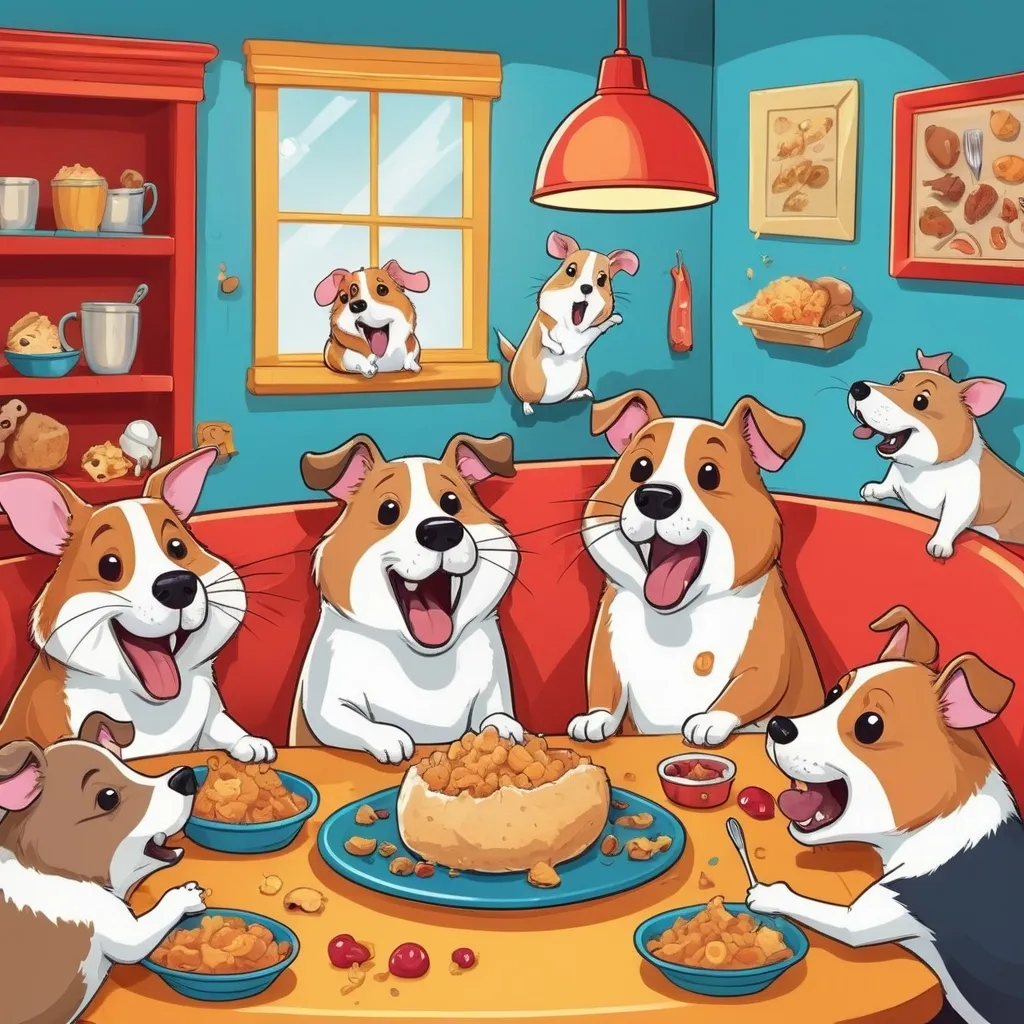 Prompt: (dogs eating hamster), humorous theme, unexpected scene, vivid colors, playful ambiance, shocked expressions on dogs, cartoonish style, lively and exaggerated proportions, energetic background with whimsical details, HD, dynamic composition, lighthearted and fun atmosphere, high storytelling impact, engaging visual narrative, captivating character interactions.