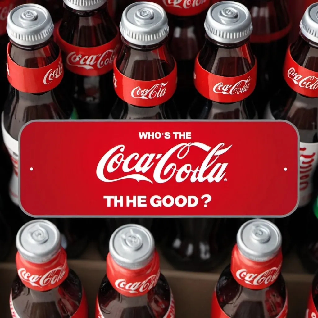 Prompt: An App logo with the saying "Who does the good?" with coca cola bottles on the background, make sure its possible to read "Who does the good?"