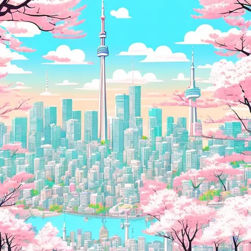 Prompt: Manga-style illustration of Toronto, Canada with only 1 CN Tower, pastel color palette, iconic landmarks, cherry blossom trees, detailed characters with manga expressions, high quality, pastel tones, anime, detailed buildings, professional, soft lighting