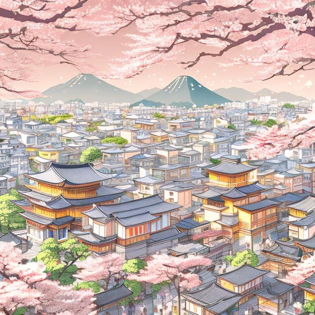 Prompt: Manga-style illustration of Kyoto, Japan, pastel color palette, iconic landmarks, cherry blossom trees, detailed characters with manga expressions, high quality, pastel tones, anime, detailed buildings, professional, soft lighting