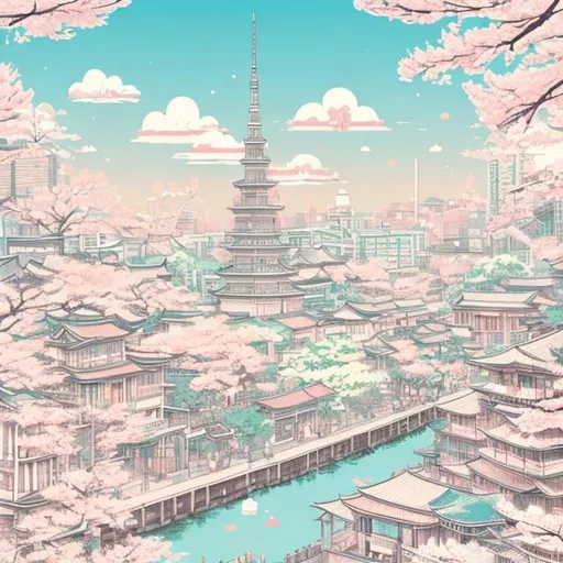 Prompt: Manga-style illustration of Osaka, Japan, pastel color palette, iconic landmarks, cherry blossom trees, detailed characters with manga expressions, high quality, pastel tones, anime, detailed buildings, professional, soft lighting