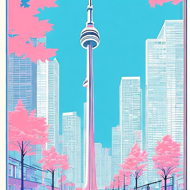 Prompt: Manga style poster of Toronto, Canada with one CN Tower. Pastel colors