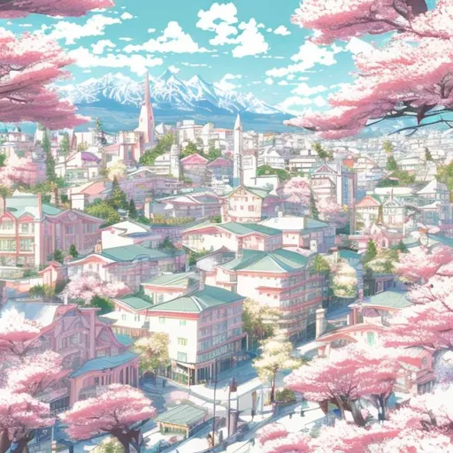 Prompt: Manga-style illustration of Bariloche, Argentina, pastel color palette, iconic landmarks, cherry blossom trees, detailed characters with manga expressions, high quality, pastel tones, anime, detailed buildings, professional, soft lighting