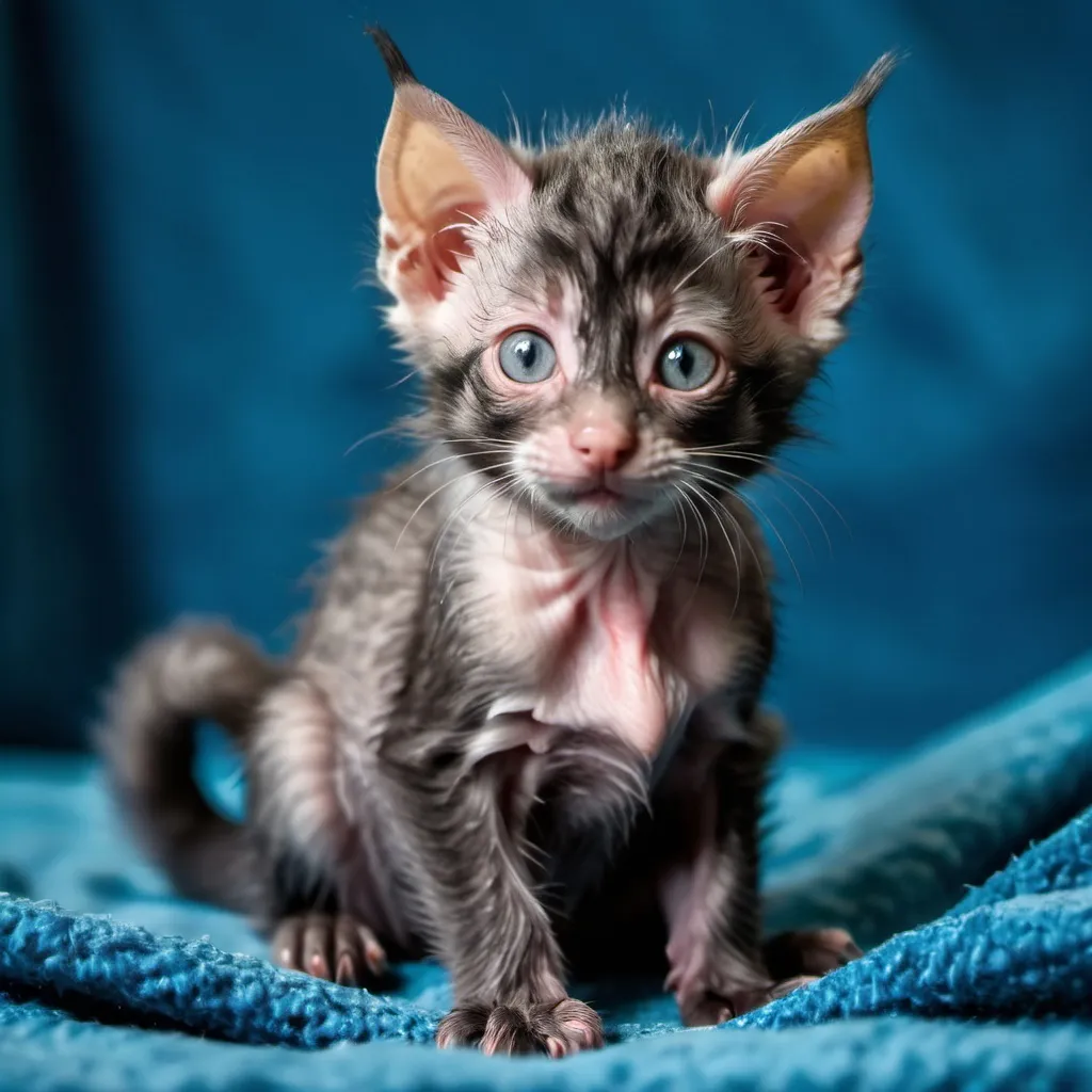 Prompt: a Lykoi kitten sitting on a blue blanket looking at the camera with a curious look on its face and eyes.