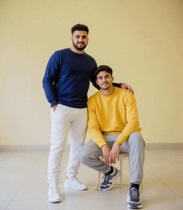 Prompt: Two young men pose together in a spacious indoor setting, characterized by pale tiled floors and a soft yellowish wall in the background. The taller individual stands confidently next to a seated friend, wearing a navy blue long-sleeve shirt paired with white pants and casual white sneakers, while the seated man sports a light yellow sweater and gray joggers, accented by sporty shoes. Their expressions convey a relaxed camaraderie, with the seated man resting his arm on his knee, while the standing figure leans slightly towards him. The lighting is bright and even, creating a warm atmosphere that highlights their contrasting outfits and the subtle elegance of their poses, suggesting a moment of friendship and connection.