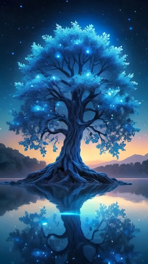 Prompt: (beautiful big luminous blue magical healing tree), shiny leaves, magical lake, (starry night), reflective water, ethereal ambiance, vibrant colors, dreamy glow, calm atmosphere, high-quality ultra-detailed illustration, glowing light effects, serene landscape, enchanting tranquil scene, picturesque nature.