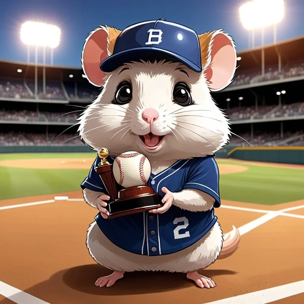 Prompt: 2D simple children's storybook cartoon style. Cute hamster holding a trophy. Wearing a baseball uniform. In a baseball stadium