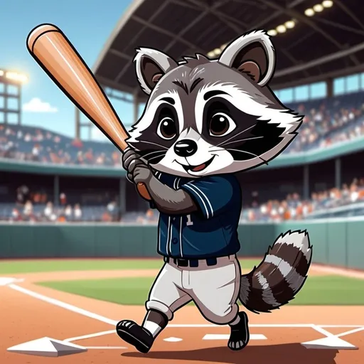 Prompt: 2D simple children's storybook cartoon style. Cute racoon swinging a baseball bat. A baseball flying through the air. View from behind. Wearing a baseball uniform. In a baseball stadium. Ball is going into the stands