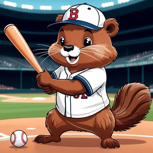 Prompt: 2D simple children's storybook cartoon style. Cute beaver swinging a baseball bat. A baseball is touching the bat like it was just hit. Wearing a baseball uniform. In a baseball stadium