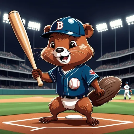 Prompt: 2D simple children's storybook cartoon style. Cute beaver swinging a baseball bat and hitting a baseball. Wearing a baseball uniform. In a baseball stadium