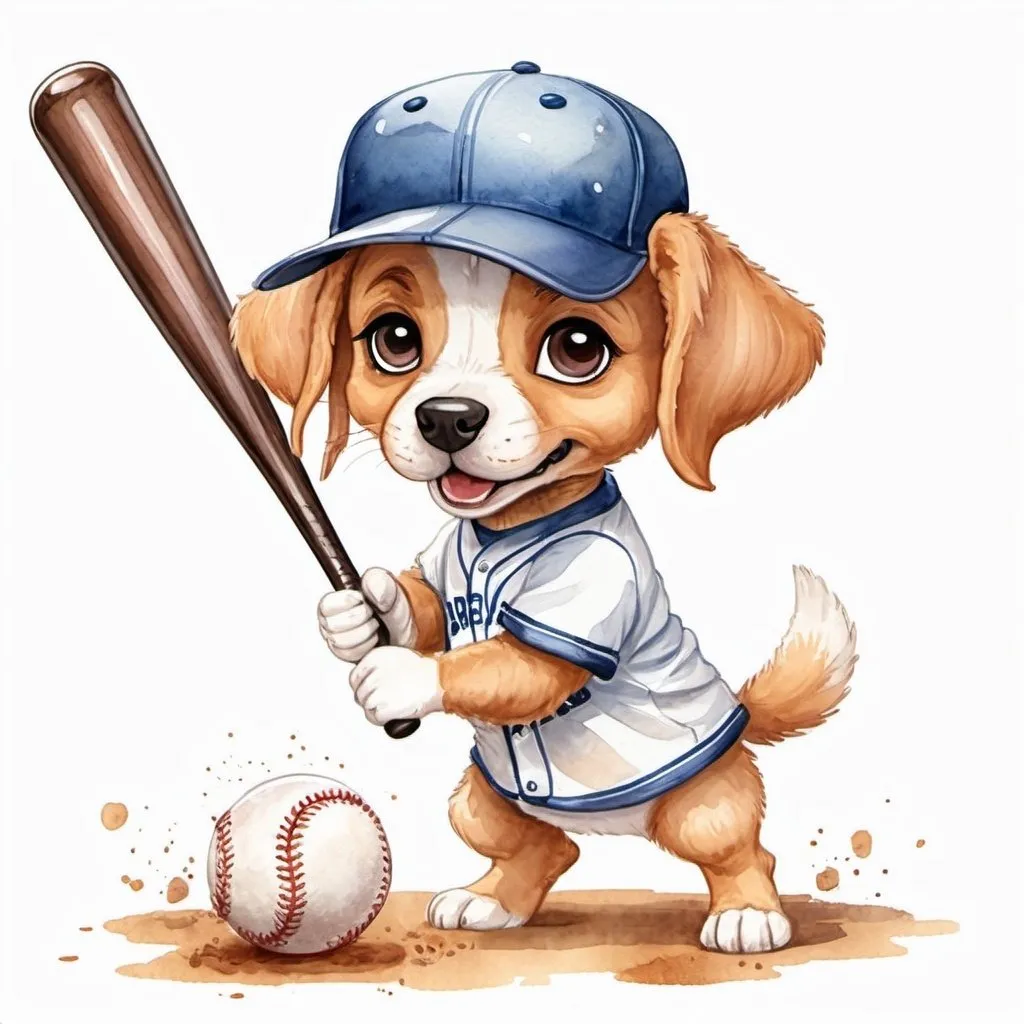 Prompt: 2D children's storybook watercolor style. Cute puppy playing baseball. Wearing a baseball hat. Baseball bat and baseball glove.