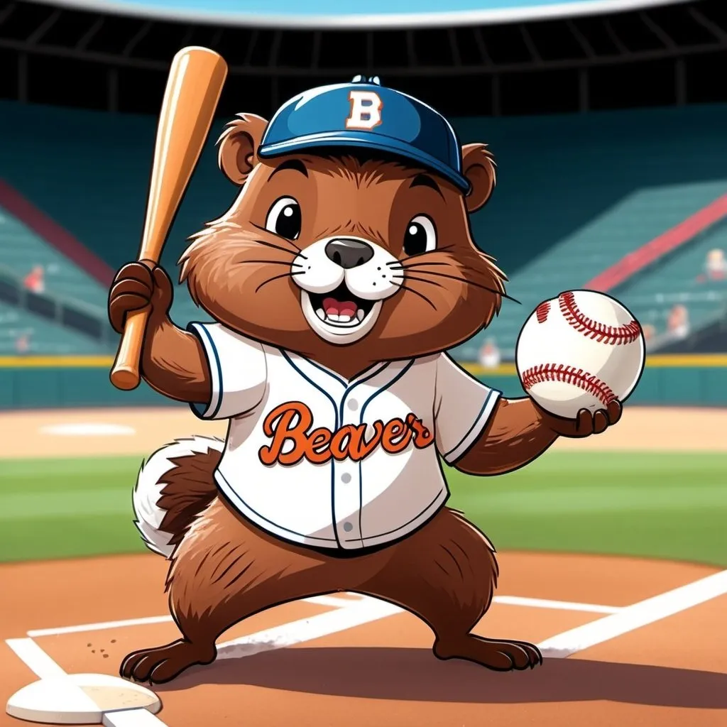 Prompt: 2D simple children's storybook cartoon style. Cute beaver swinging a baseball bat and hitting a baseball. Wearing a baseball uniform. In a baseball stadium