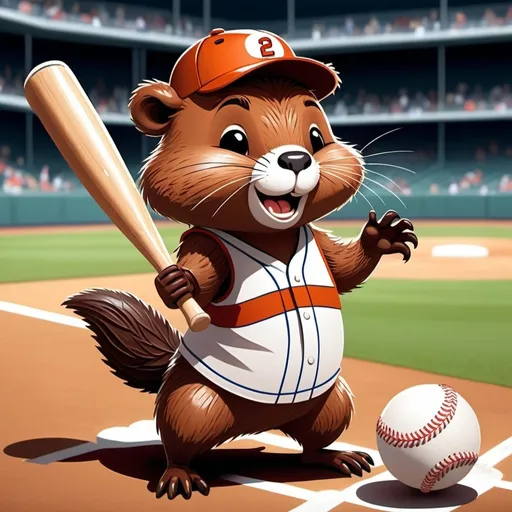 Prompt: 2D simple children's storybook cartoon style. Cute beaver swinging a baseball bat. A baseball is touching the bat like it was just hit. Wearing a baseball uniform. In a baseball stadium