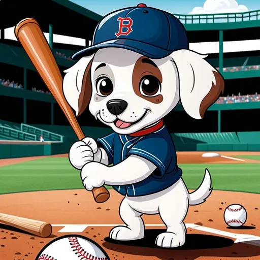 Prompt: 2D simple children's storybook cartoon style. Cute puppy playing baseball. Wearing a baseball hat. Baseball bat and baseball glove. In a baseball stadium