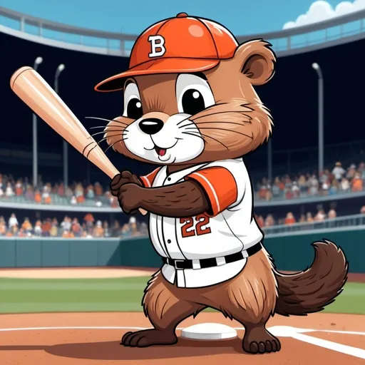 Prompt: 2D simple children's storybook cartoon style. Cute beaver swinging a baseball bat. A baseball is touching the bat like it was just hit. View from the side angle. Wearing a baseball uniform. In a baseball stadium