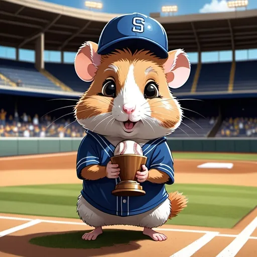 Prompt: 2D simple children's storybook cartoon style. Cute hamster holding a trophy. Wearing a baseball uniform. In a baseball stadium