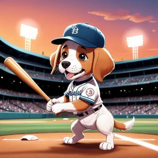 Prompt: 2D simple children's storybook cartoon style. Baseball stadium. Cute puppy hitting a baseball with a baseball bat in the background, wearing a baseball hat.