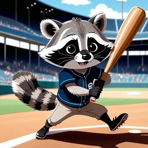 Prompt: 2D simple children's storybook cartoon style. Cute raccoon swinging a baseball bat. View from behind the raccoon. Raccoon is 20% of the image. A baseball flying through the air out of the stadium. Wearing a baseball uniform. In a baseball stadium. Ball is going into the stands