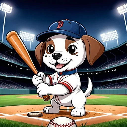 Prompt: 2D simple children's storybook cartoon style. Cute puppy playing baseball. Wearing a baseball hat. Baseball bat and baseball glove. In a baseball stadium