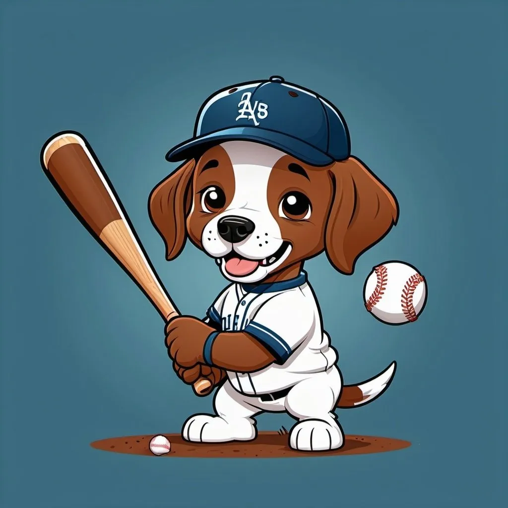 Prompt: 2D simple children's storybook cartoon style. Cute puppy playing baseball. Wearing a baseball hat. Baseball bat and baseball glove.