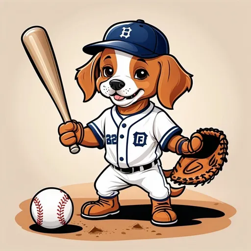 Prompt: children's storybook cartoon style, cute puppy playing baseball, wearing a baseball hat and a baseball catcher's glove, baseball bat on the ground.