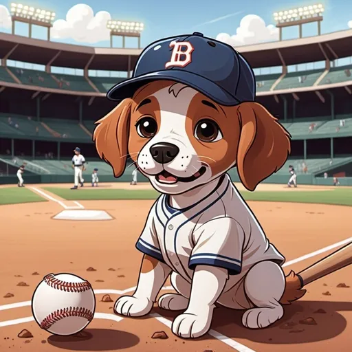 Prompt: 2D simple children's storybook cartoon style. Baseball stadium. Cute puppy playing baseball in the background, wearing a baseball hat and a baseball glove, baseball bat on the ground.