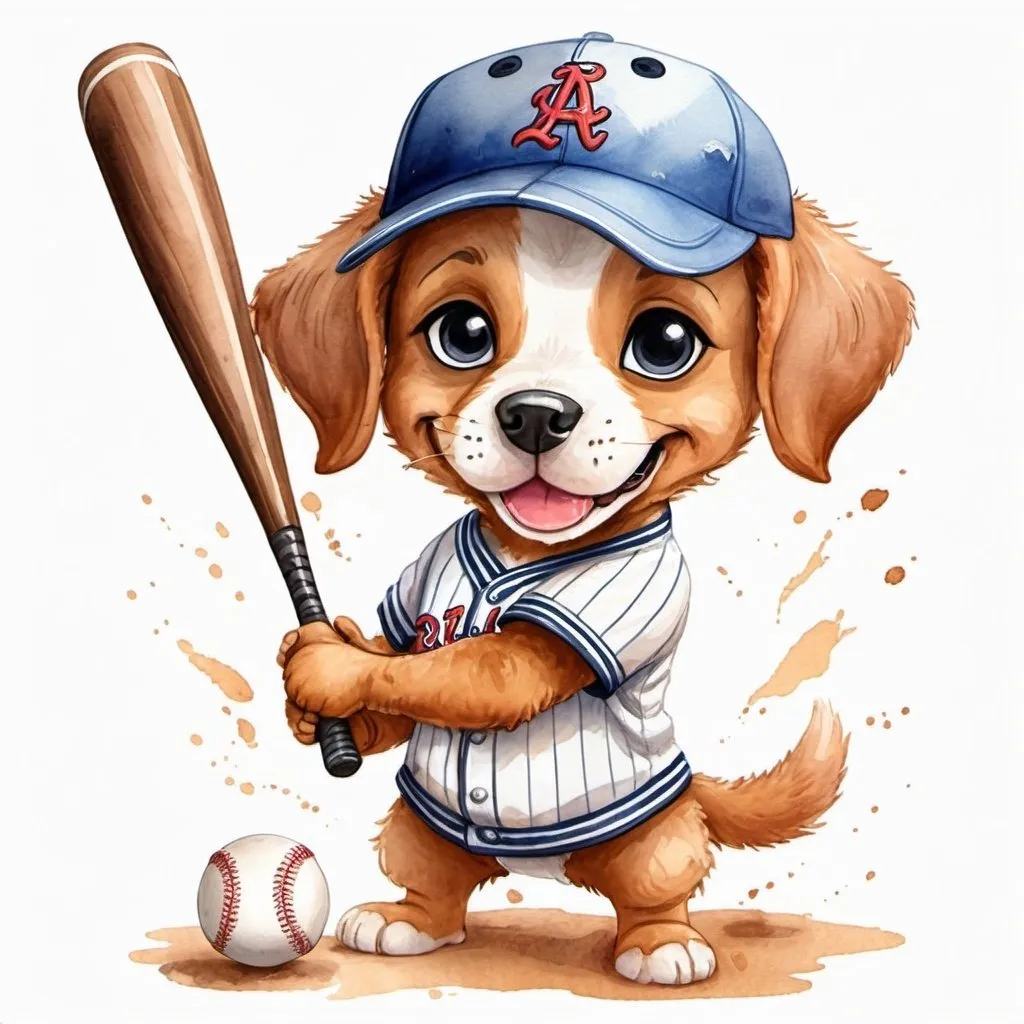 Prompt: 2D children's storybook watercolor style. Cute puppy playing baseball. Wearing a baseball hat. Baseball bat and baseball glove.