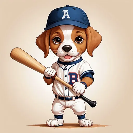 Prompt: children's storybook style, cute puppy playing baseball, wearing a baseball hat and baseball glove, holding a baseball bat.