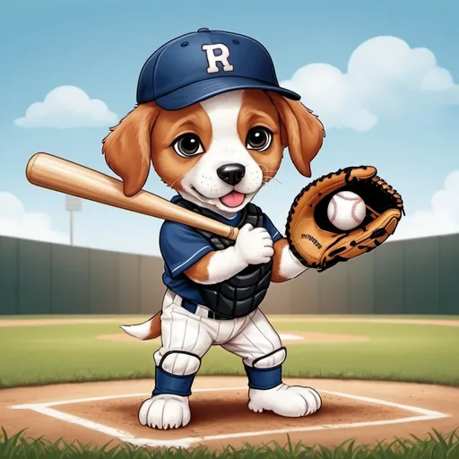 Prompt: children's storybook style, cute puppy playing baseball, wearing a baseball hat and a baseball catcher's glove, holding a baseball bat.