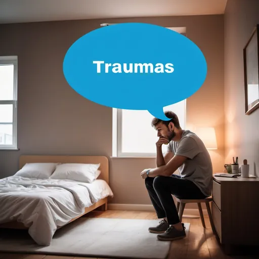 Prompt: a person sitting down looking stressed with an image bubble showing past traumas and background being a bedroom