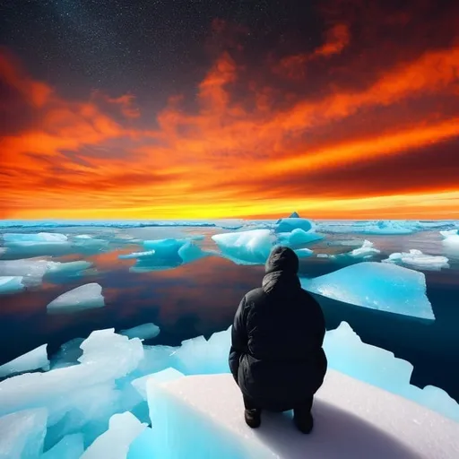 Prompt: A sad guy sitting on a iceburg in the middle of the ocean and the sky on fire