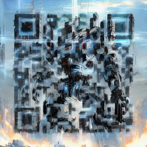 Prompt: masterpiece, best quality, mecha, no humans, black armor, blue eyes, science fiction, fire, laser canon beam, war, conflict, destroyed city background