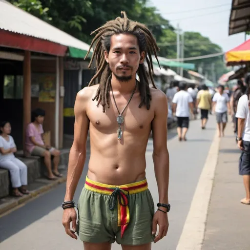 Prompt: a rastaman-looking Thai guy with shorts dreadlocks