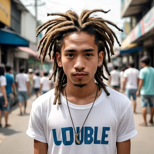 Prompt: Young Thai rastaman with short dreadlocks, white T-shirt with 'Double U' sign, blue jeans shorts, high quality, realistic, cool tones, casual style, detailed facial features, urban setting, natural lighting