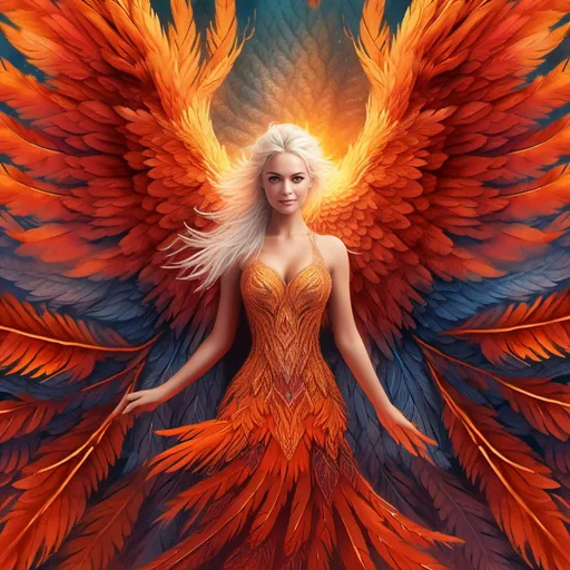 Prompt: Vibrant digital illustration of a majestic phoenix, fiery red and orange hues, mythical forest setting, luminous feathers with a fiery glow, piercing golden eyes, intricate details on the wings, mystical and powerful aura, high quality, ultra-detailed, digital painting, fantasy, vibrant colors, mythical, detailed feathers, ethereal, atmospheric lighting<mymodel>
