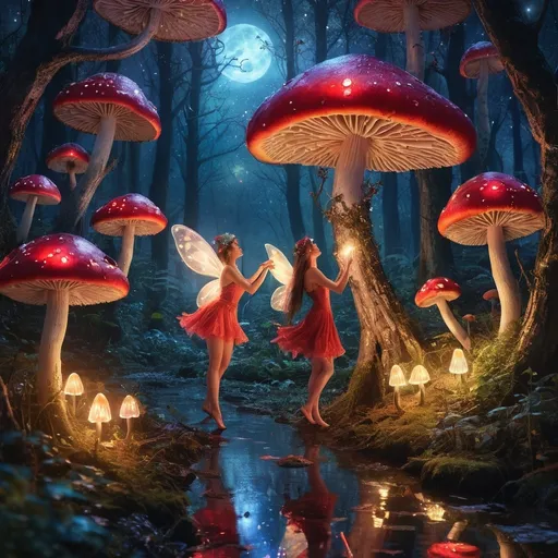 Prompt: Fairies dance at night in the forest on top of mushrooms while it rains. The stars are visible, and there is a red moon. Make it realistic and high resolution.