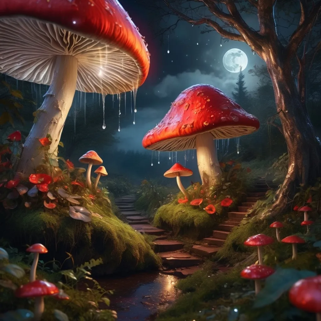 Prompt: Fairies dance at night in the forest on top of mushrooms while it rains. The stars are visible, and there is a red moon. Make it realistic and high resolution.