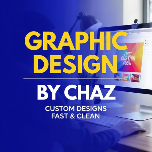 Prompt: Create a clean and bold Fiverr gig thumbnail for a graphic design service. Include a modern workspace scene with a computer screen showing a colorful design layout (social media post or logo). Add large, bold text that says: 'Graphic Design by Chaz' or 'Custom Designs – Fast & Clean'. Use vibrant colors like royal blue, white, and gold accents. Style should be clean, professional, and scroll-stopping. No clutter. Layout should focus on balance, color harmony, and readability. Format: 550x370 pixels.