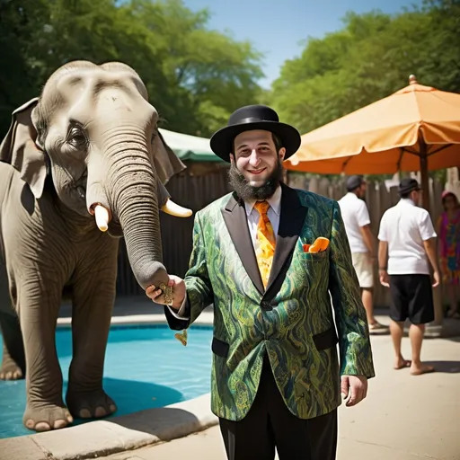 Prompt: (A Hasidic man in a elephant bathing suit), combining friction with money, very big stomach,bold juxtaposition of cultural and contemporary attire, (intriguing), vibrant colors, sunny zoo backdrop, warm lighting casting playful shadows, pet accessories like snakes and parrot, engaging expression showing confidence and joy, (ultra-detailed), captivating atmosphere, inviting warmth and a sense of freedom.