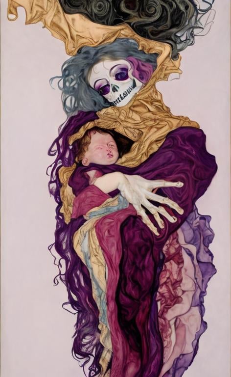 Prompt: Maria2.0 with skull head, bloody folded draped coat and newborn golden baby in the centre of the coat, leftside blue curled long hair, rightside purple long curled hair, painted like Eugen Schiele , abstract, surreal, high details