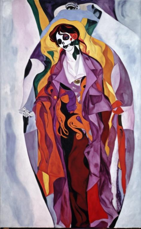 Prompt: Maria2.0 with skull head, bloody folded draped coat and newborn golden baby in the centre of the coat, leftside blue curled long hair, rightside purple long curled hair, painted like Eugen Schiele , abstract, surreal, high details, with background of Pablo Picassos Guernica in the colours of August Macke 