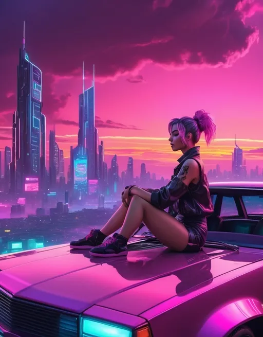 Prompt: a woman sitting on the hood of a car in front of a city skyline with a pink sky and a pink sunset, Atey Ghailan, retrofuturism, city background, cyberpunk art