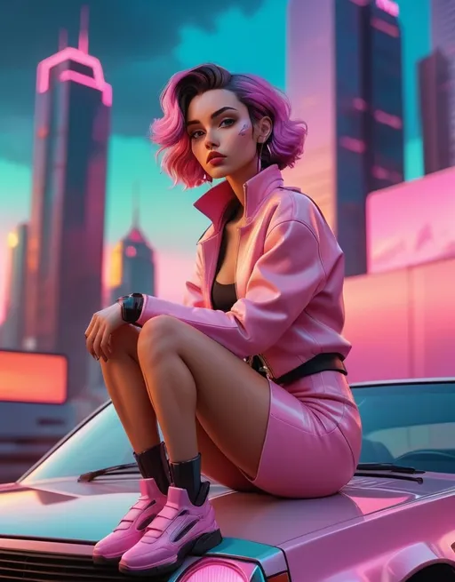 Prompt: a woman sitting on the hood of a car in front of a city skyline with a pink sky and a pink sunset, Atey Ghailan, retrofuturism, city background, cyberpunk art