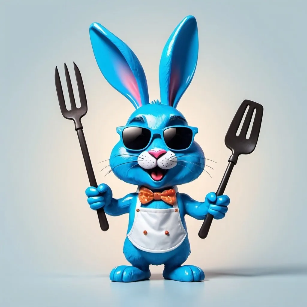 Prompt: Animated cool blue  bunny with shades Cooking a stake