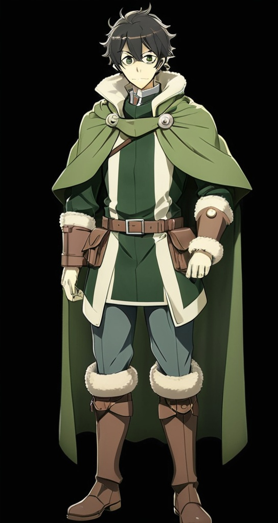 Prompt: Naofumi Iwatani from *The Rising of the Shield Hero* has a broad, angular face with a strong jawline, defined but not sharp cheekbones, a straight nose, and serious, determined eyes that reflect his rugged and mature personality.