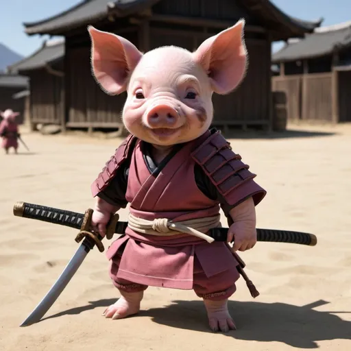 Prompt: a piglet samurai in a kenshi world