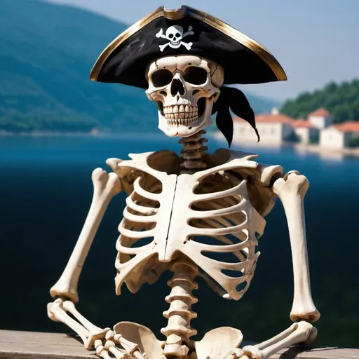 Prompt: Skeleton pirate resents heat wave in serbia