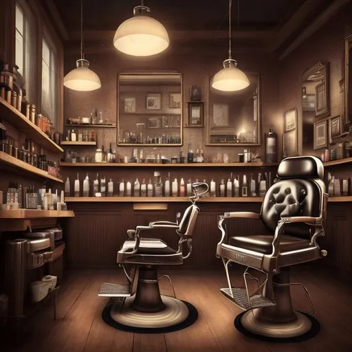 Prompt: Realistic digital painting of a stylish barbershop promotion, warm and inviting atmosphere, focused barber giving a haircut, glossy barber chair, classic barber tools, vintage decor, warm color tones, professional lighting, high quality, detailed hair textures, realistic shading, textured skin, vintage barbershop, traditional, warm lighting, detailed tools, inviting ambiance